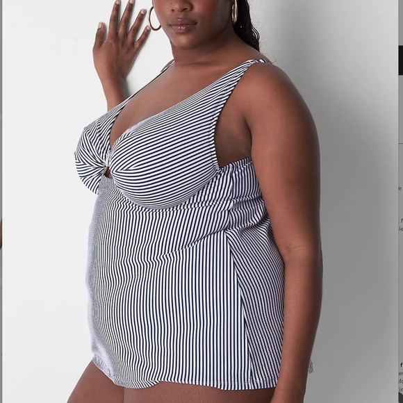 Cacique Swim 2023 Maritime Blue Seersucker Underwire Tankini Top Woman 44D - Picture 1 of 16